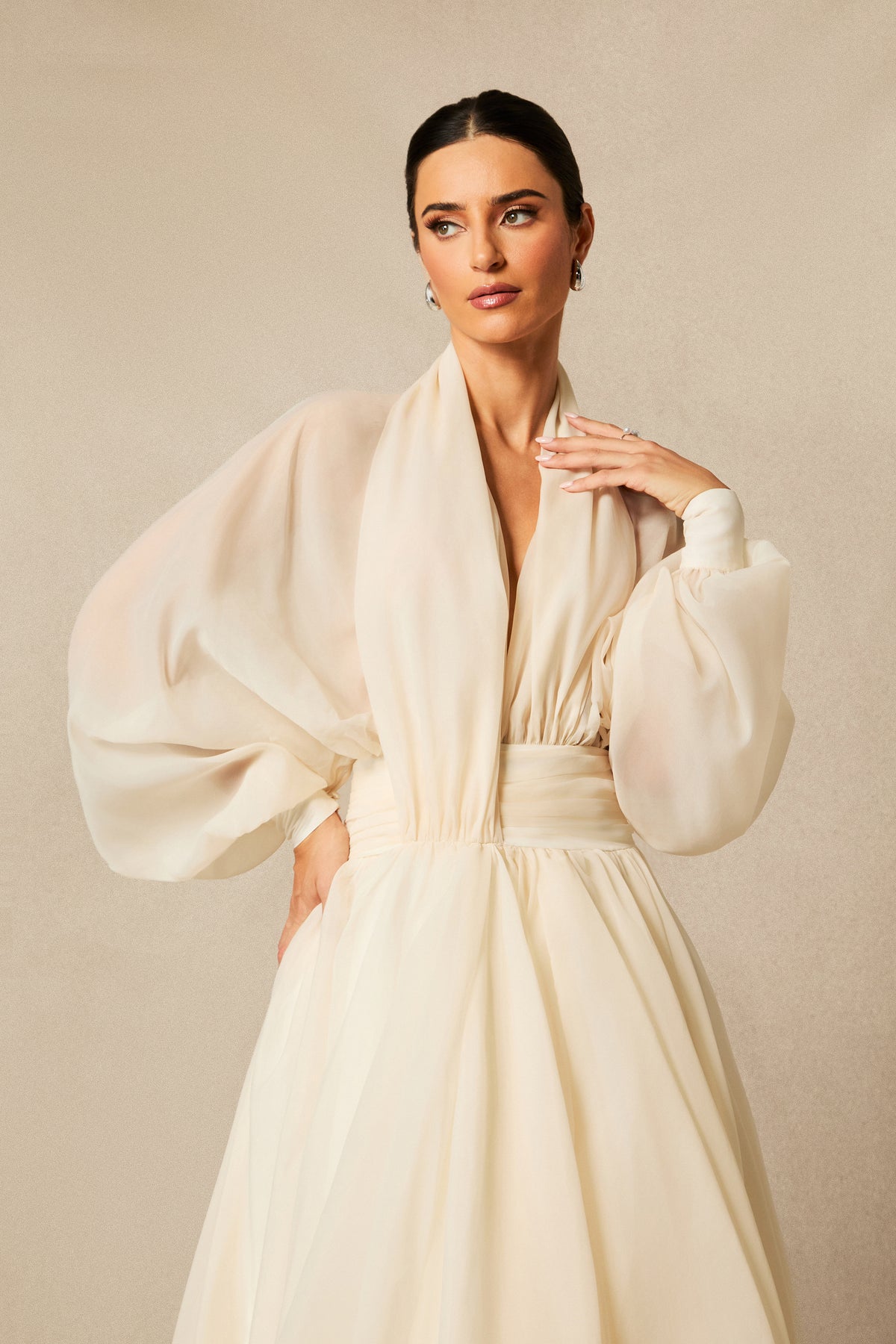 Deep V-Neck Puff Sleeve Chiffon Maxi Dress for Wedding Guests - 3