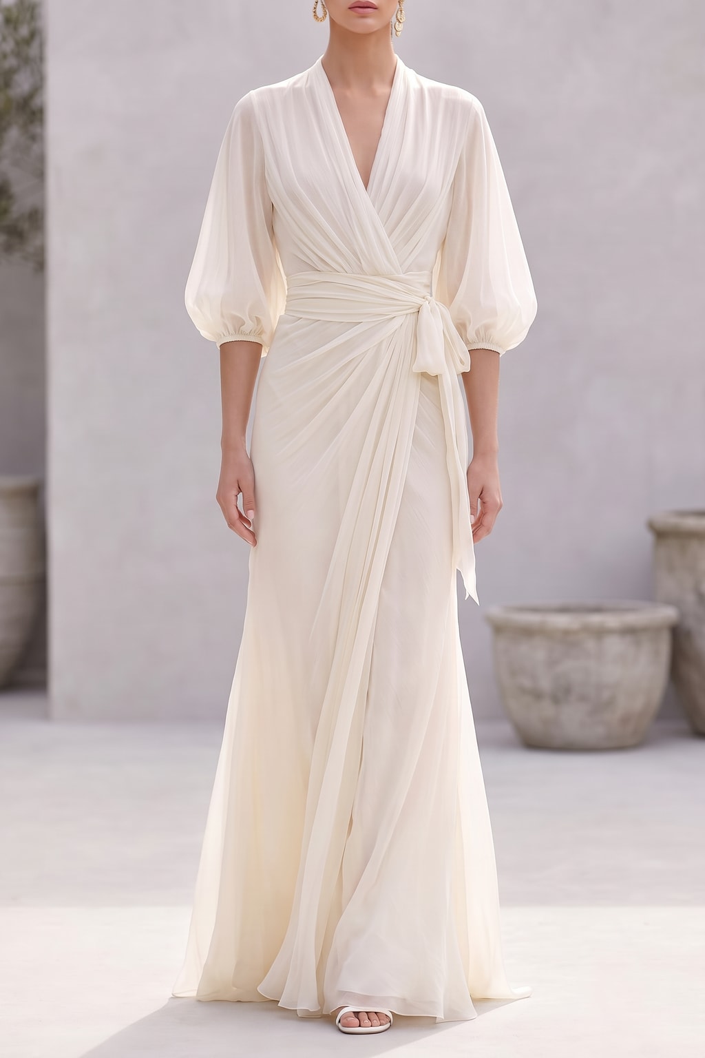 Ivory Chiffon Wrap Dress With Puff Sleeves - 2