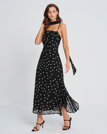 Polka Dot Slip Maxi Dress With Tie Waist - view 2