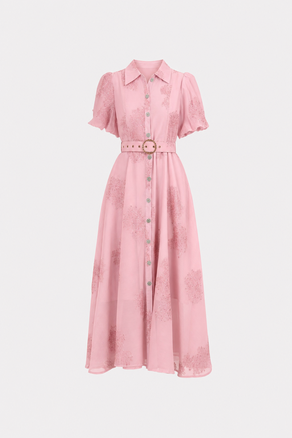 Pink Embroidered Belted Shirt Maxi Dress