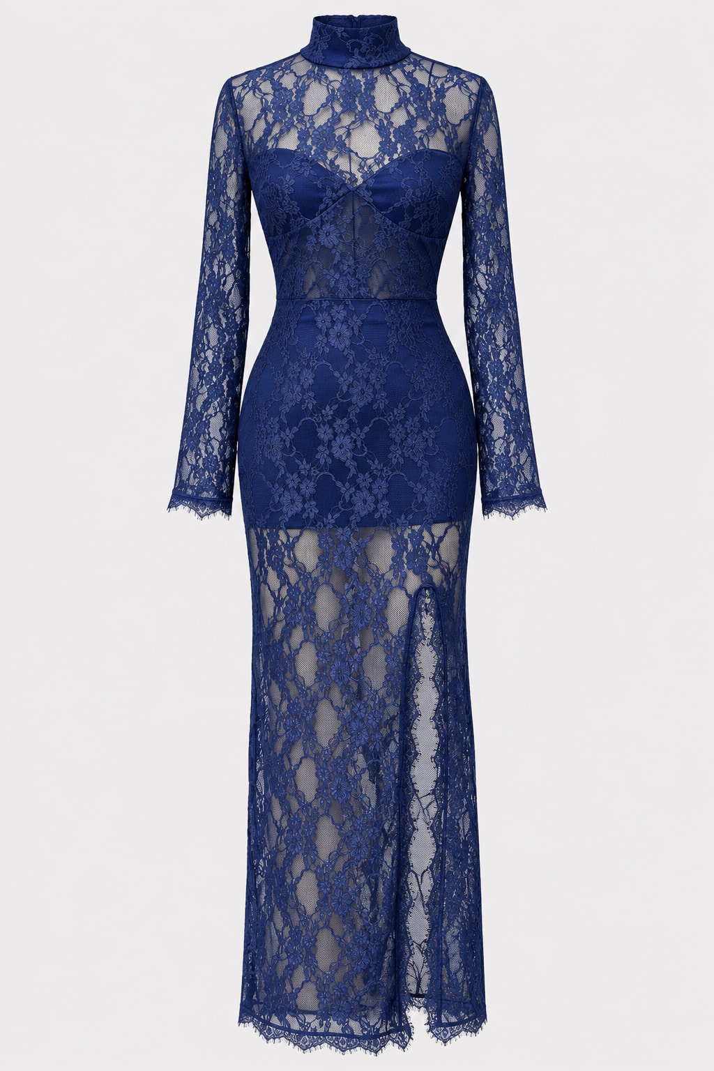Women's Maxi Dress Mock Neck Floral Lace Slit - 1