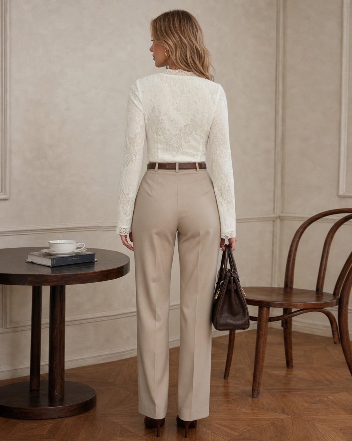 Apricot Floral Lace V-Neck Bell Sleeve Blouse - view 4