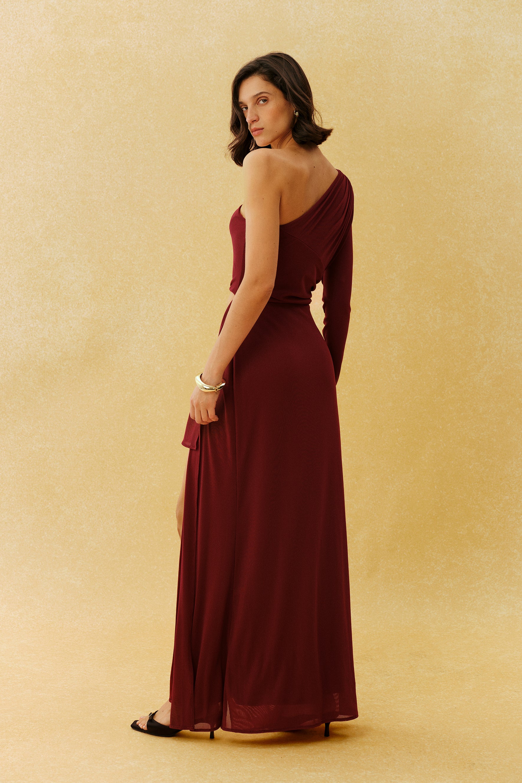 Burgundy One-Shoulder Cutout Maxi Dress - view 4