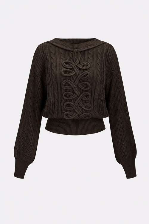 Braided Cable-Knit Cropped Sweater in Dark Brown