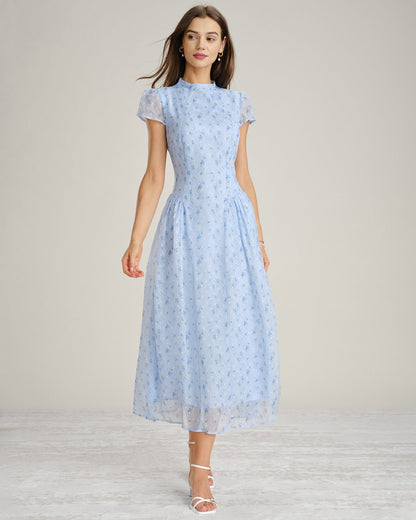 Blue Floral Jacquard Mock Neck Maxi Dress - view 2