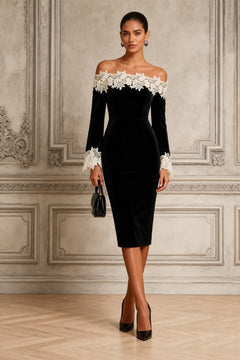 Velvet Lace Off-Shoulder Sheath Midi Dress - 2