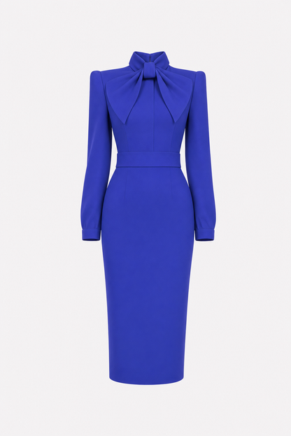 Satin pencil work dress with high-neck bow - view 12