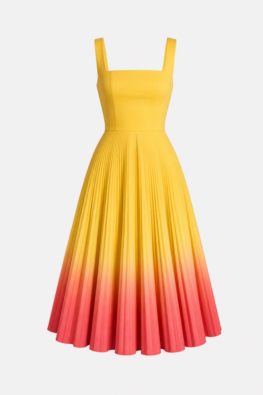 Pleated Ombre Square Neck Sleeveless A-Line Midi Dress - 1