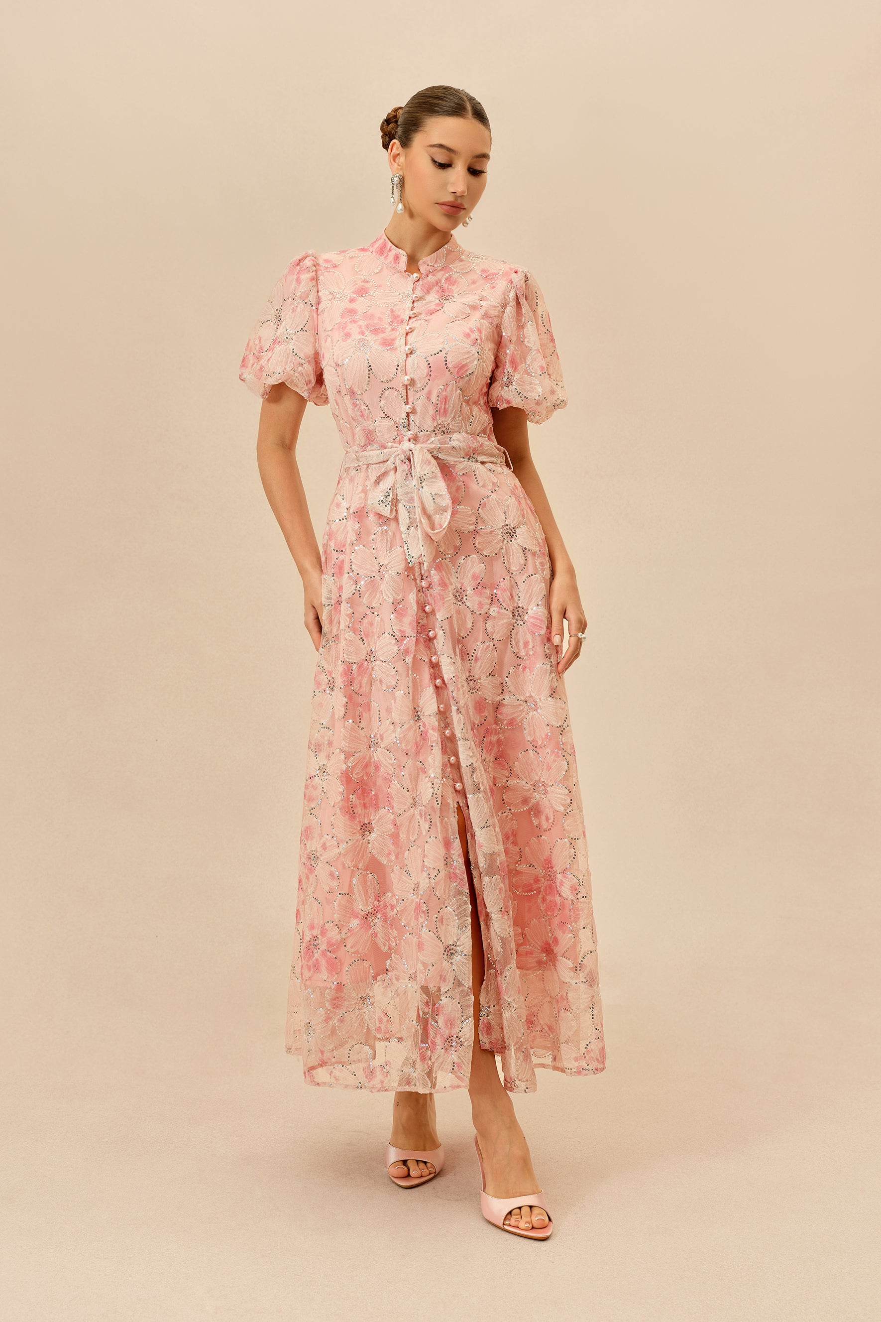 Pink Floral Sequin Puff Sleeve Maxi Dress - view 2