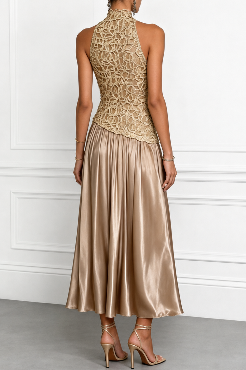 Champagne Lace Satin Crew Neck Maxi Dress - view 4