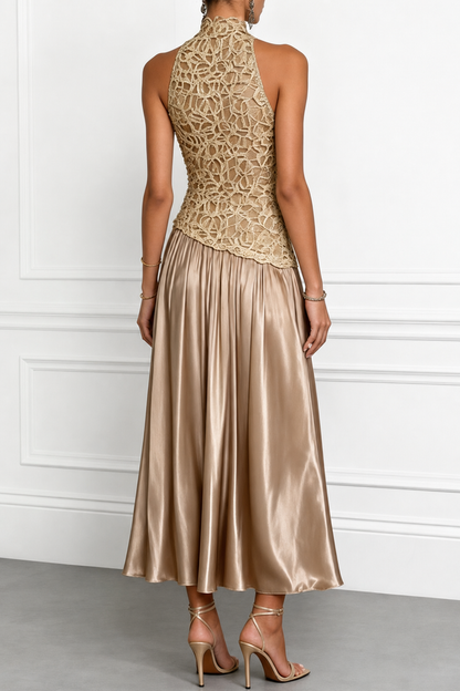 Champagne Lace Satin Crew Neck Maxi Dress - view 4