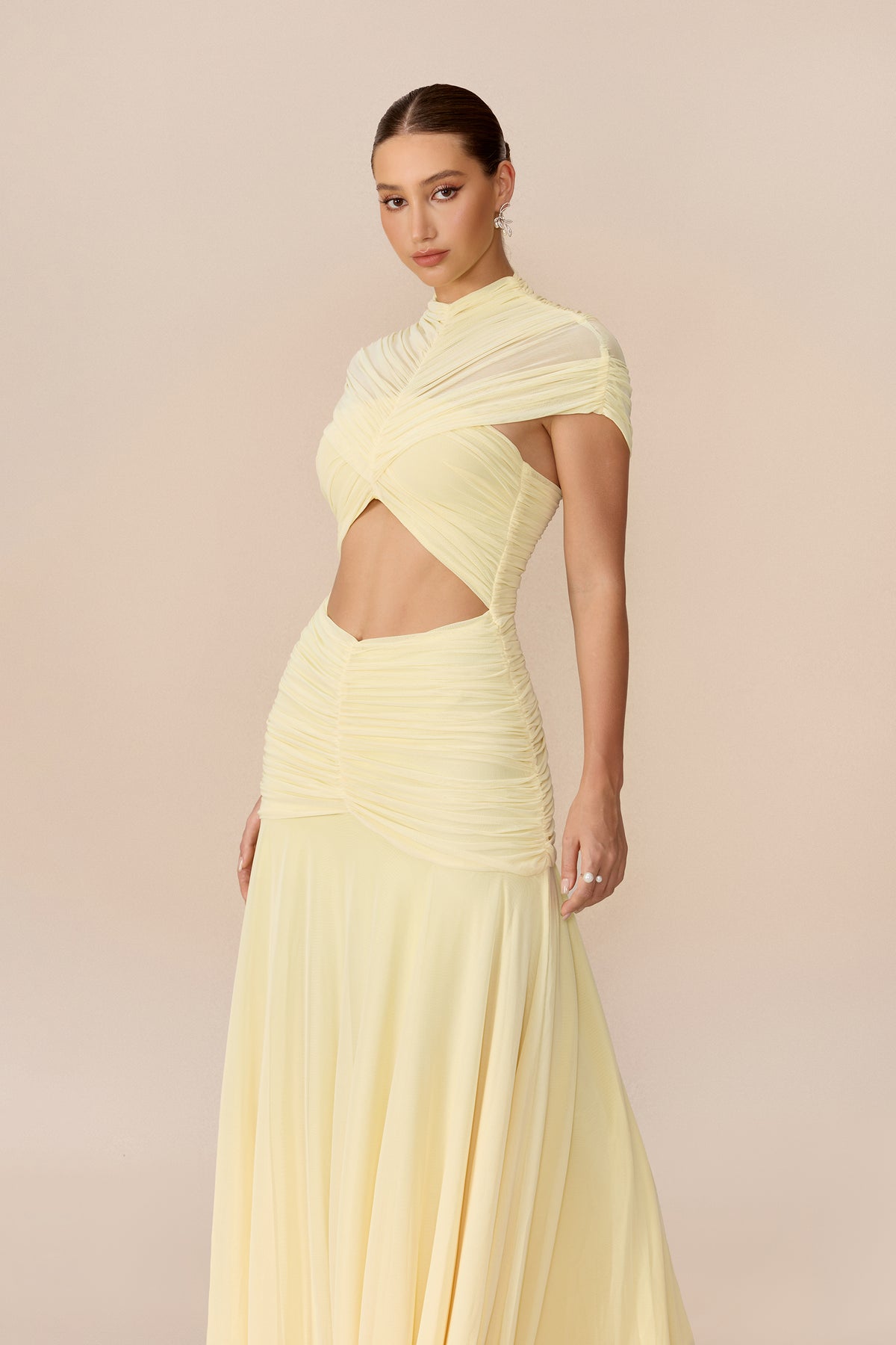 Yellow Chiffon Maxi Dress with Waist Cutout - view 3
