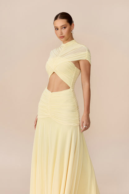 Yellow Chiffon Maxi Dress with Waist Cutout - view 3
