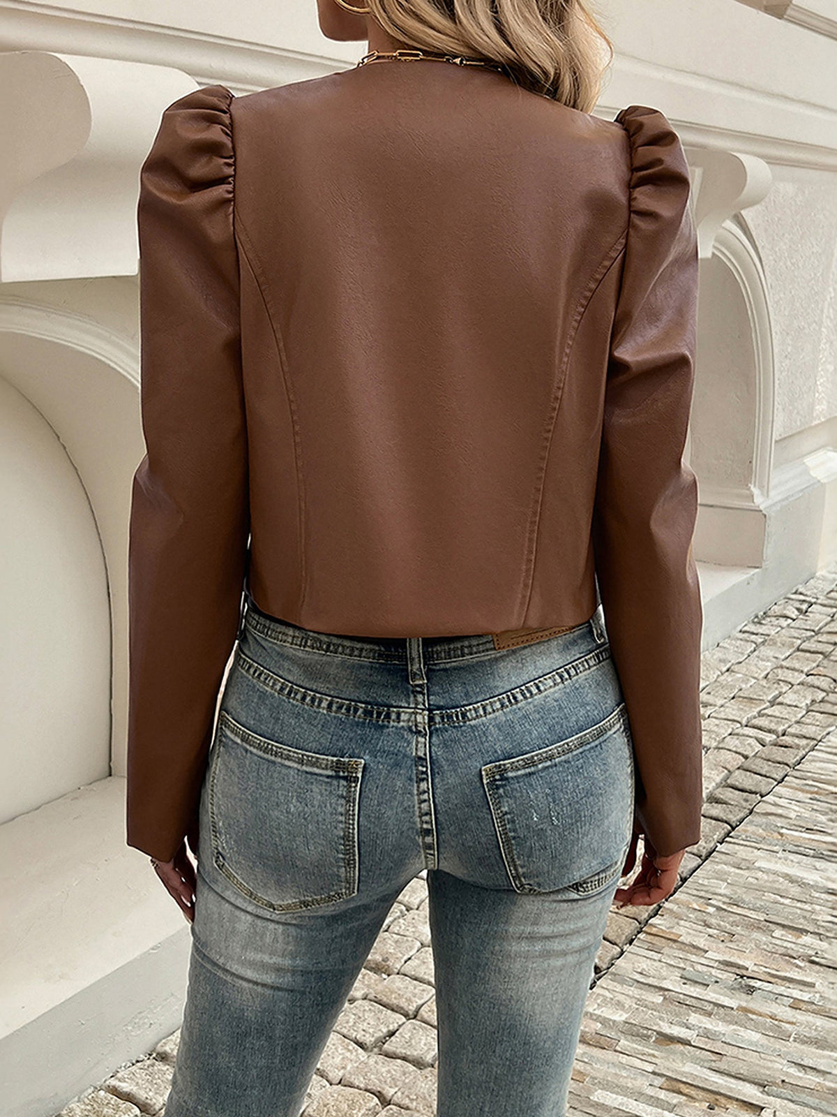 Faux Leather Cropped Jacket with Puff Sleeves - view 3