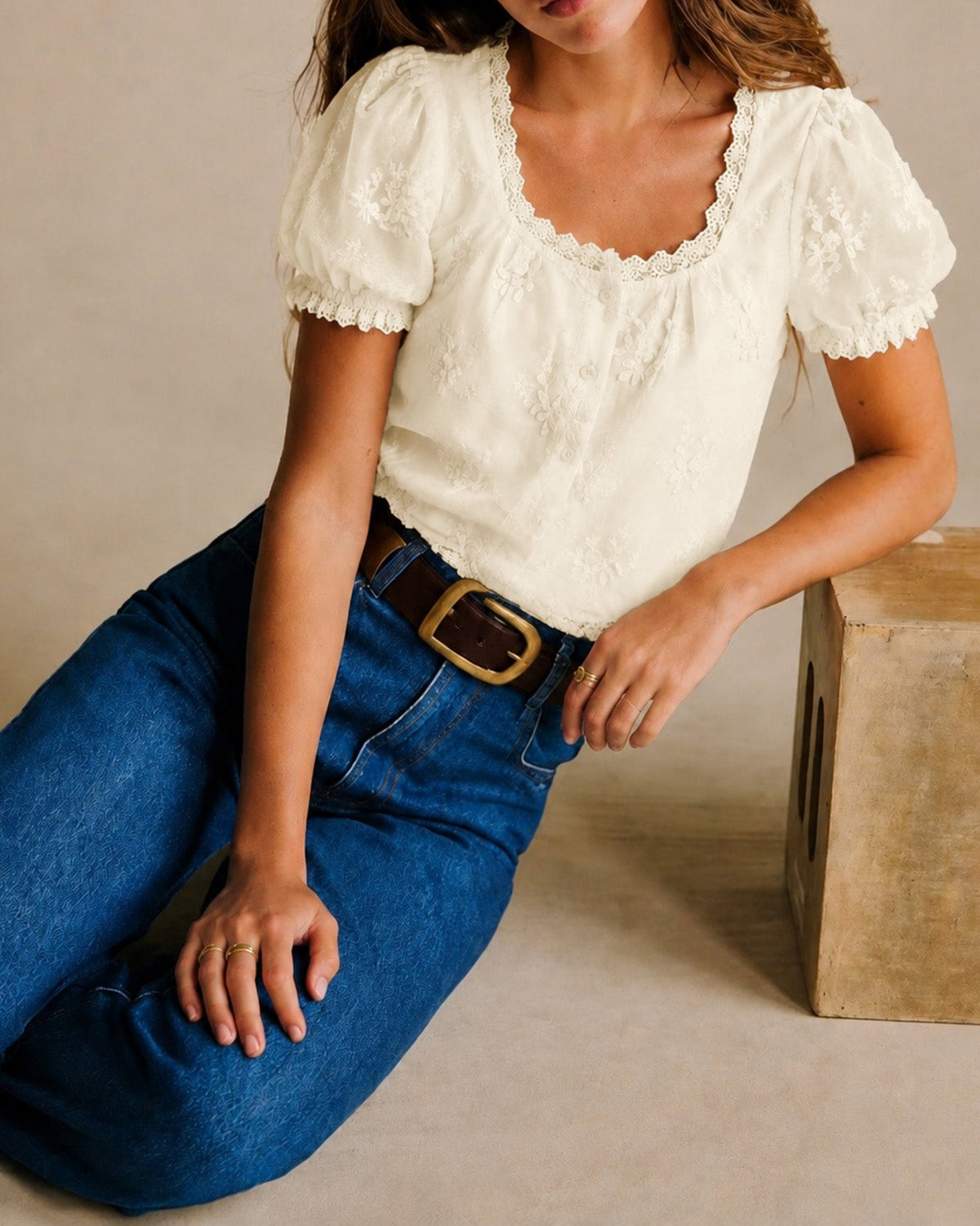 Apricot Floral Square Neck Button Tee - view 5