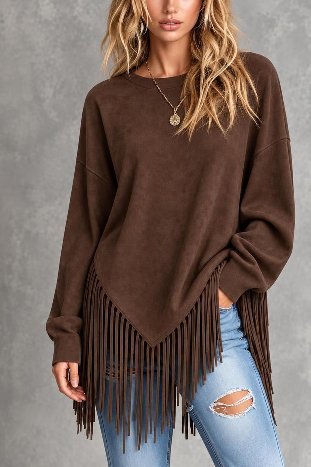 Tassel-Trim Loose Fit Pullover Hoodie - 5