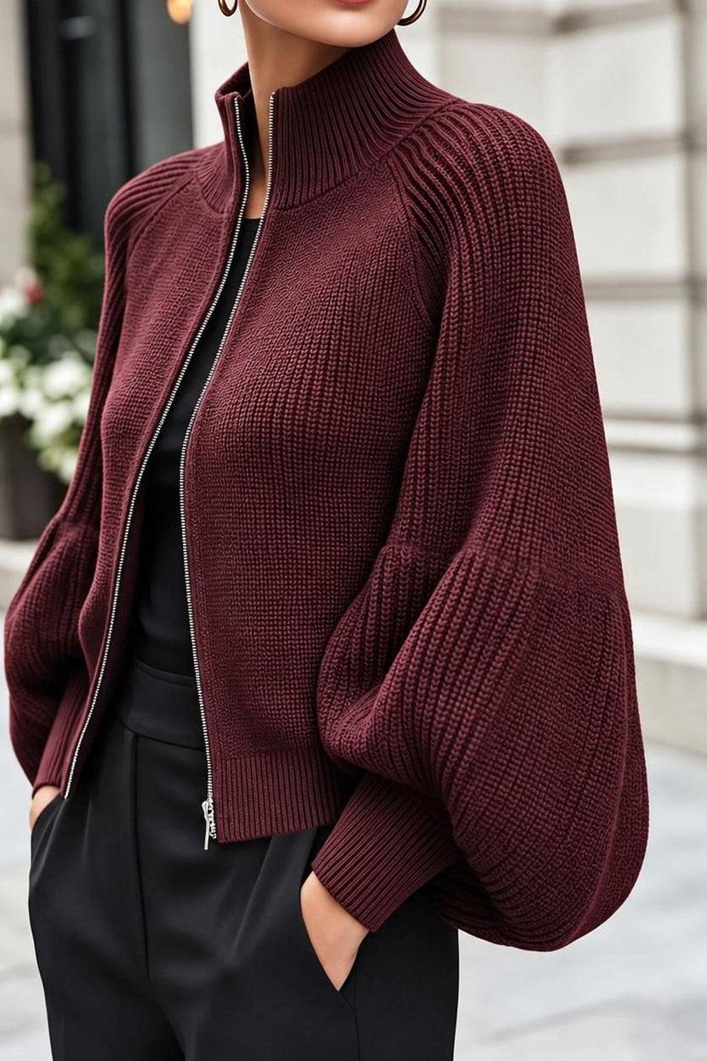 Knitted Zip-Up Cardigan With Stand Collar - 3