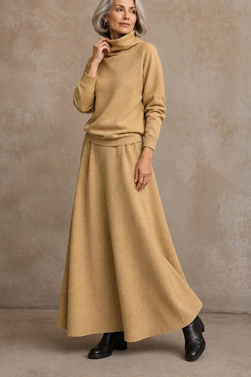 Fleece Knit Turtleneck Sweater And Maxi Skirt Set - 6