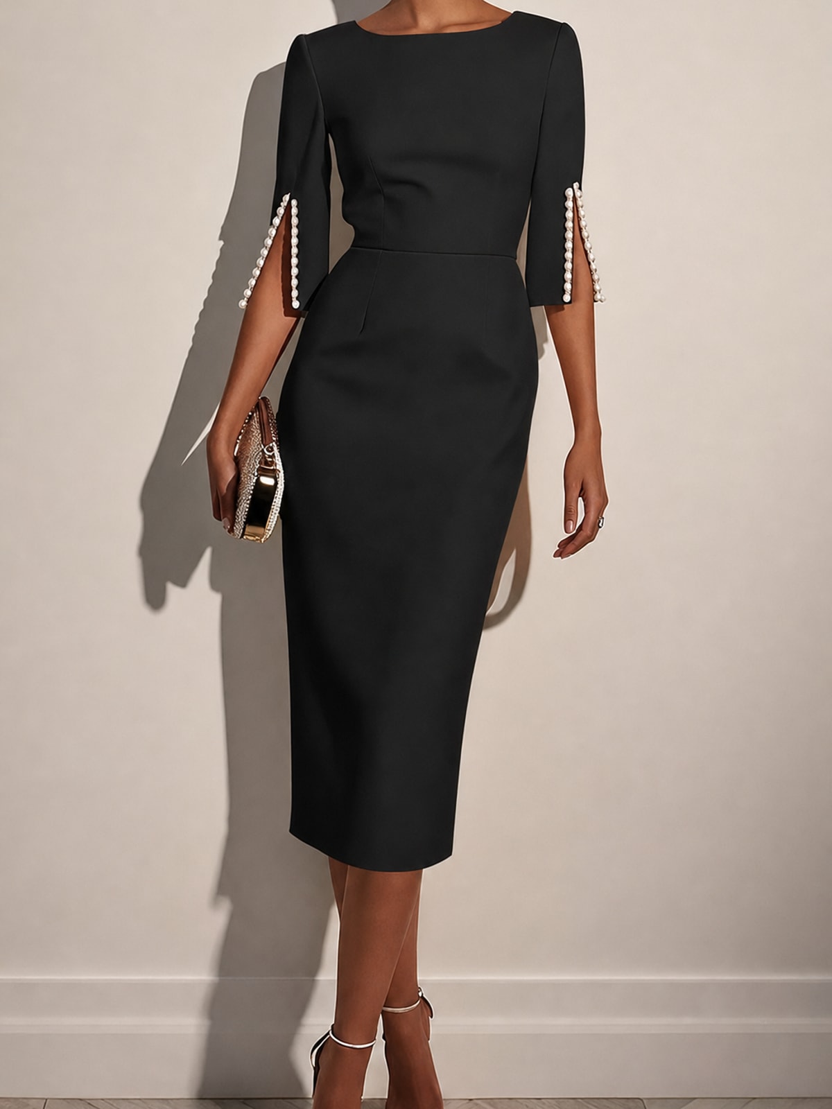Elegant Polyester Beaded Round Neck Midi Dress - 10