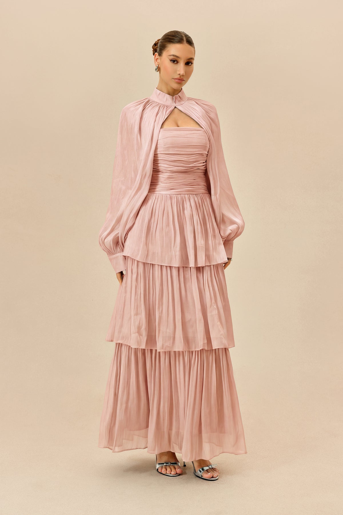 Pink Tiered Chiffon Maxi Dress with Puff Sleeves - view 5