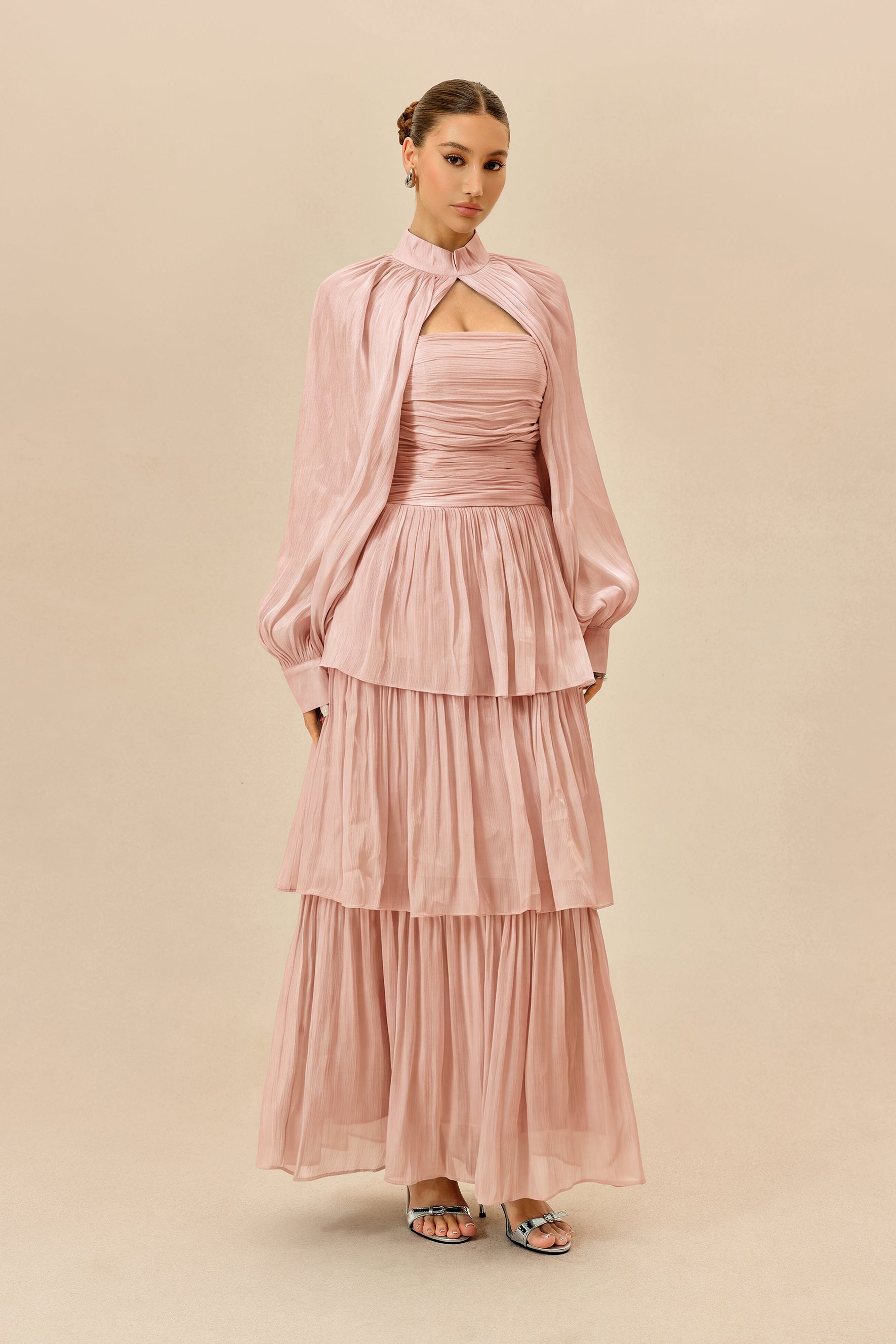 Pink Tiered Chiffon Maxi Dress with Puff Sleeves - view 5