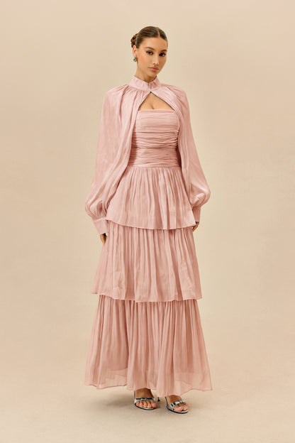 Pink Tiered Chiffon Maxi Dress with Puff Sleeves - view 5
