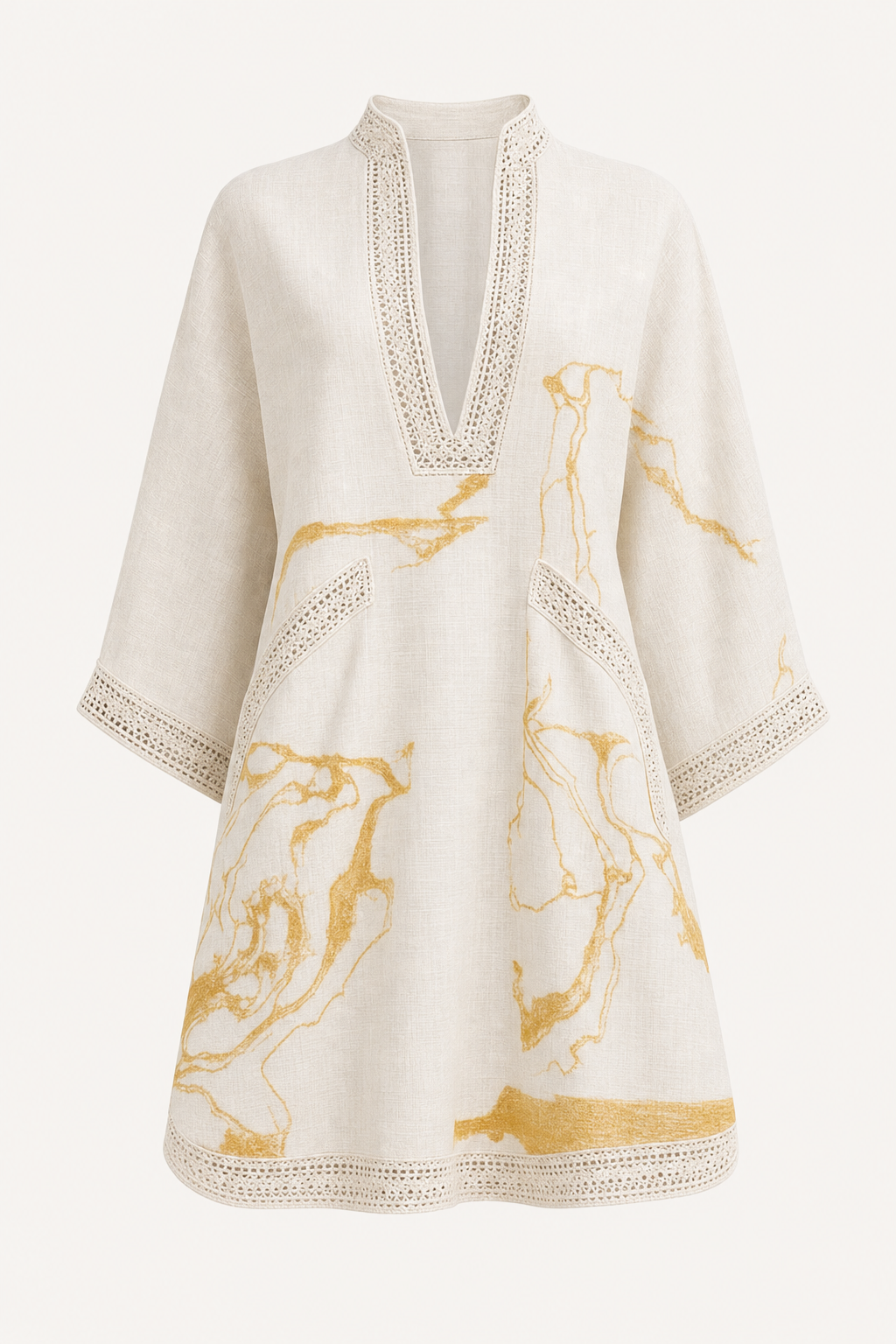 V-Neck Tunic Dress With Three-Quarter Sleeves