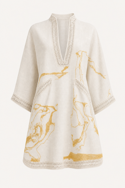 V-Neck Tunic Dress With Three-Quarter Sleeves