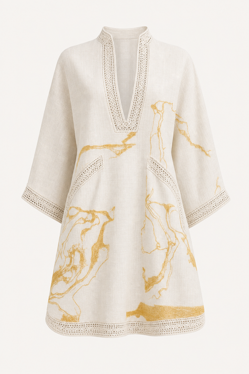 V-Neck Tunic Dress With Three-Quarter Sleeves