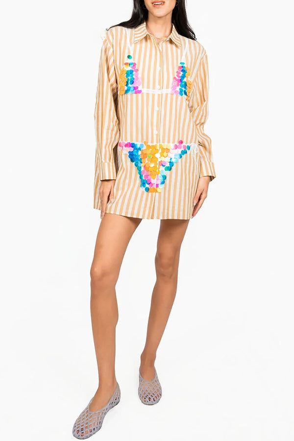 Striped Long-Sleeve Button-Up Tunic - view 5