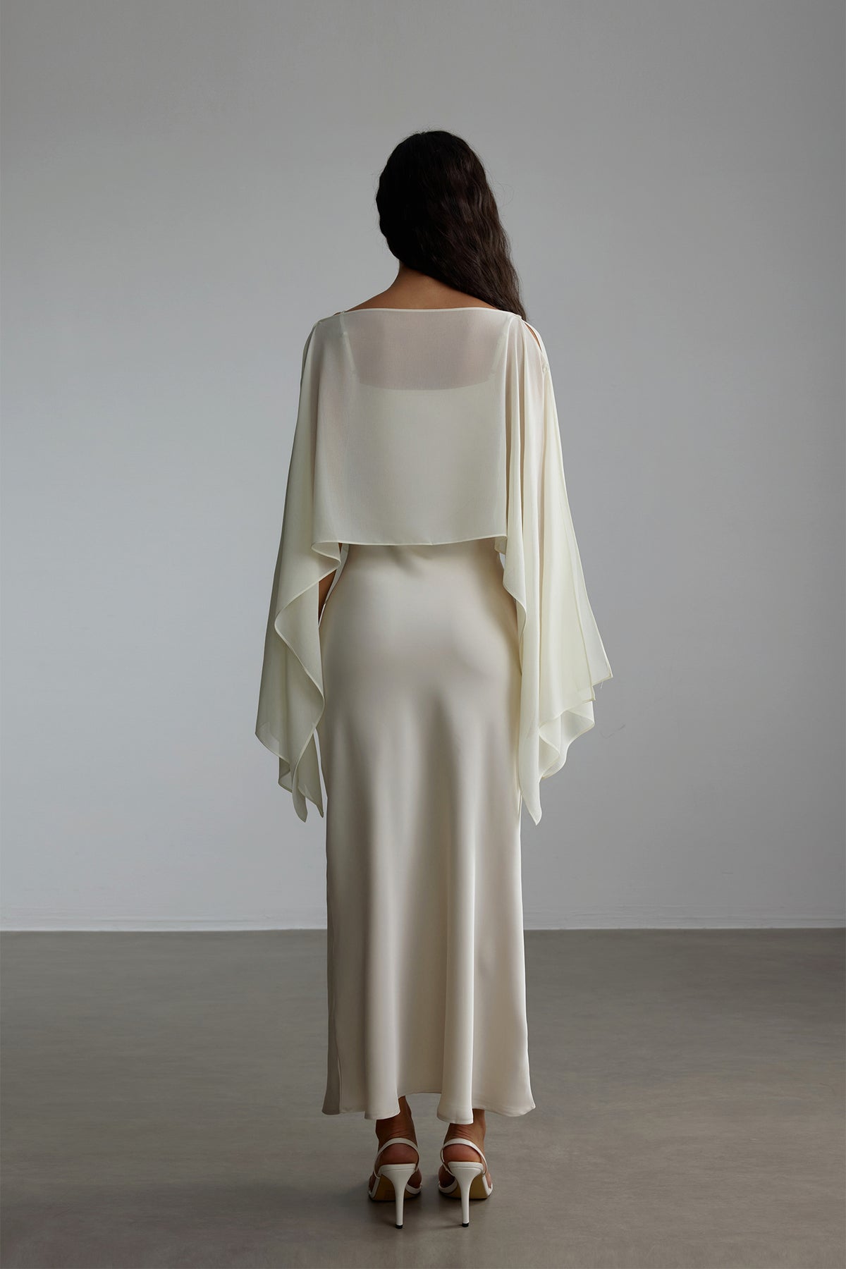 Spaghetti Strap Maxi Dress With Cape Sleeve Overlay - 4