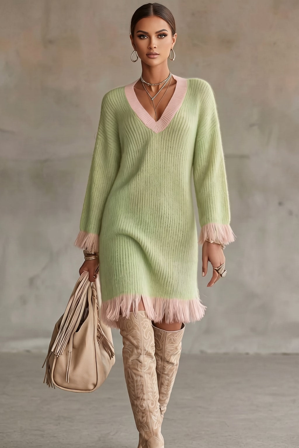 Polyester Knit Dress With Tassel Hem - 1