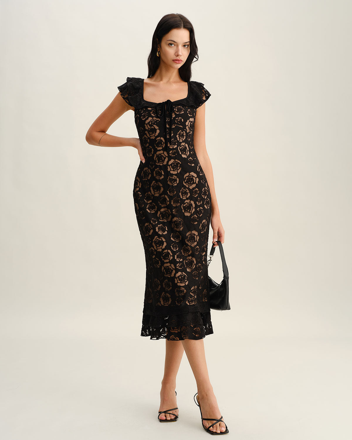 Textured Mermaid Midi Dress in Black - view 2