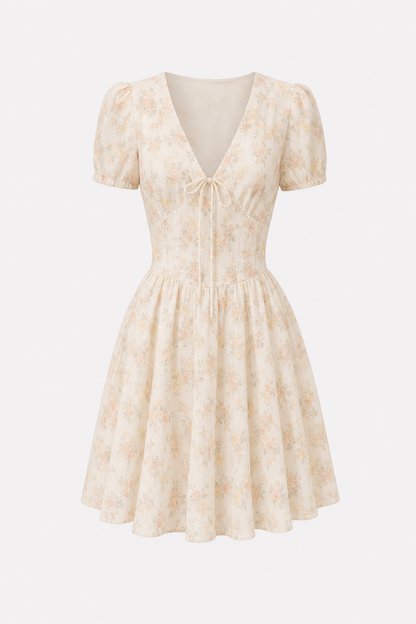Orange Floral Tie-Neck Mini Dress, Puff Sleeves