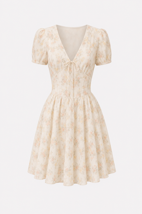 Orange Floral Tie-Neck Mini Dress, Puff Sleeves