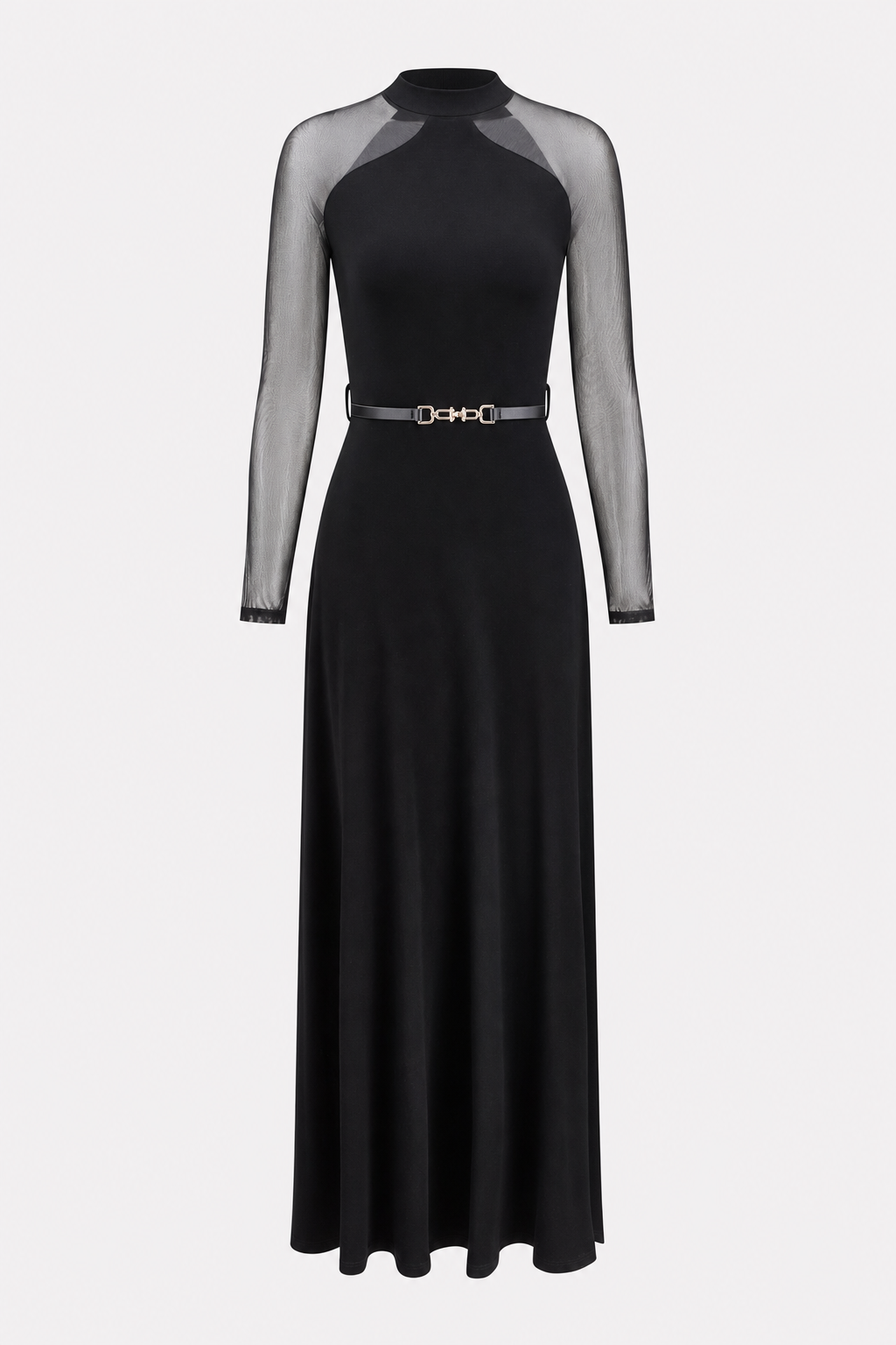 Black Jersey Belted Maxi Dress with Mesh Sleeves
