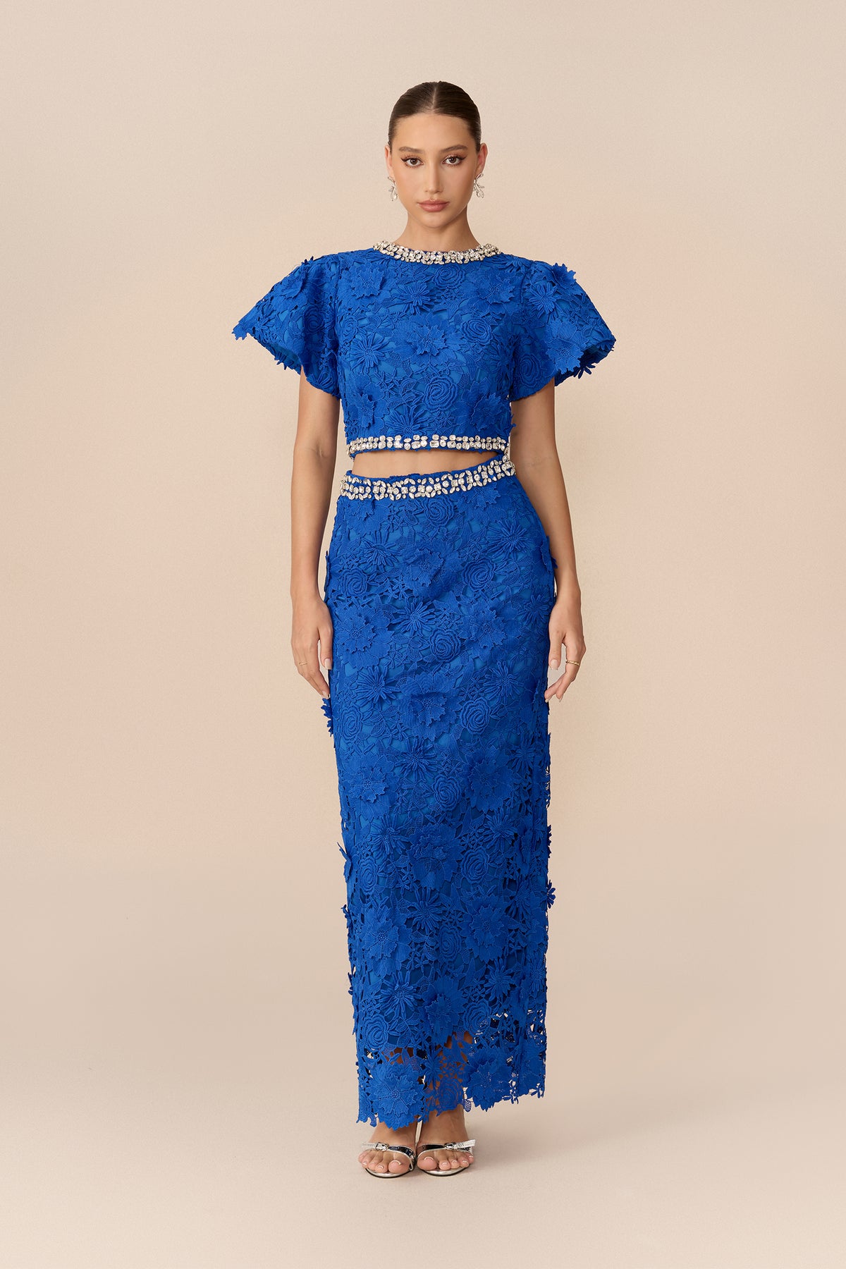 Lace Rhinestone Crop Top and Midi Skirt Set - view 2