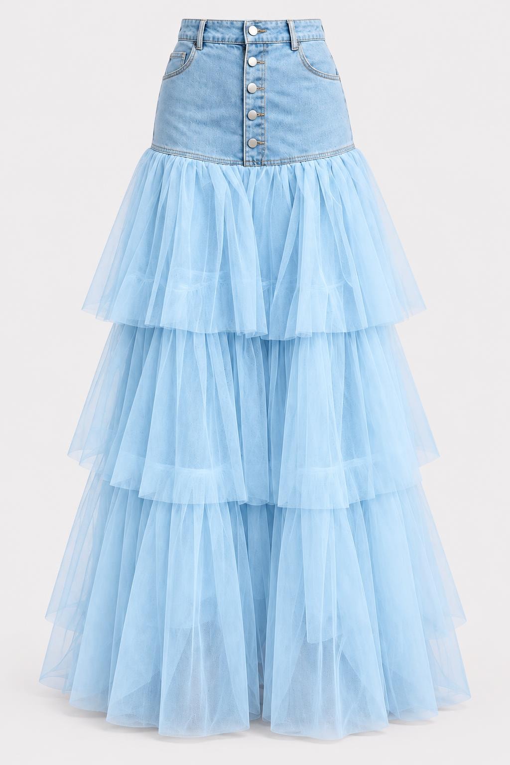 Cotton Blend Maxi Skirt With Tiered Mesh - 1