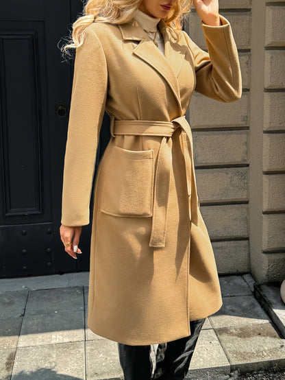 Tailored belted long coat with waist tie - view 4