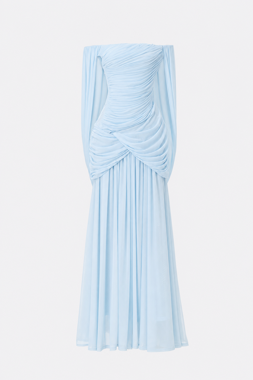 Blue off-shoulder ruched maxi dress with waterfall drape