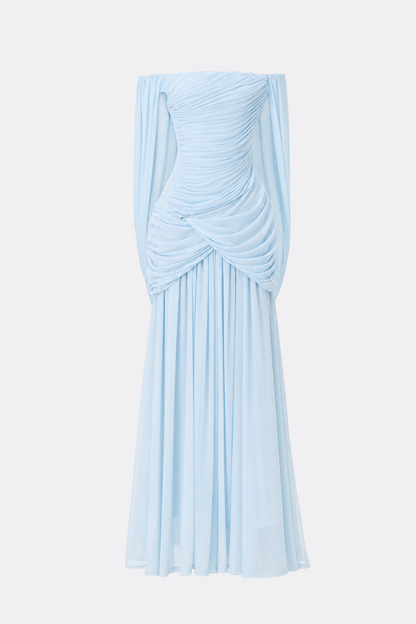 Blue off-shoulder ruched maxi dress with waterfall drape