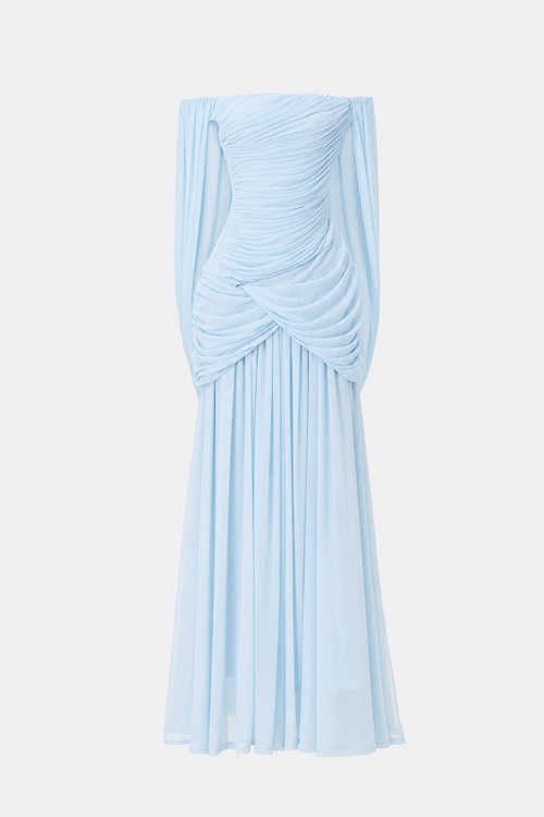 Blue off-shoulder ruched maxi dress with waterfall drape