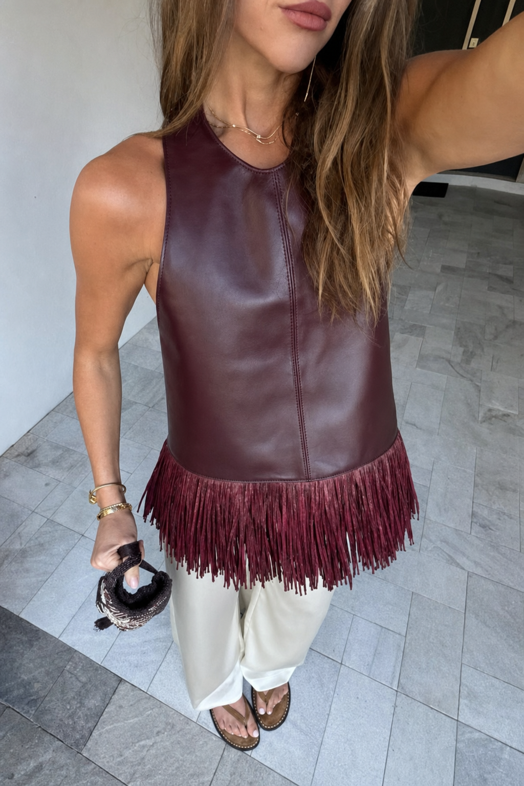 Edgy Faux Leather Halter Neck Tassel Top - 3