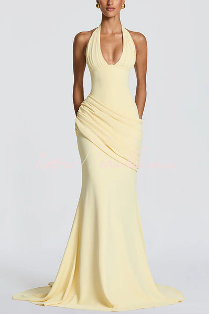 Crepe Halter Maxi Dress with Lace-Up Back - view 3