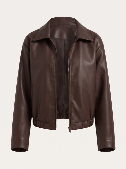 Cropped Faux Leather Zip Jacket with Collar
