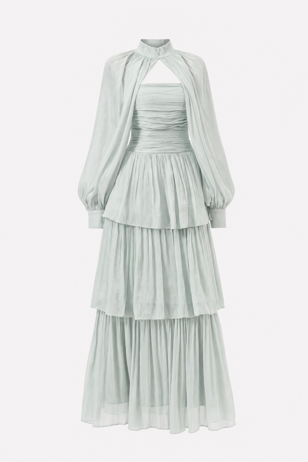 Light Blue Tiered Chiffon Maxi Dress, Detachable Sleeves