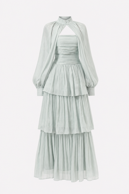 Light Blue Tiered Chiffon Maxi Dress, Detachable Sleeves
