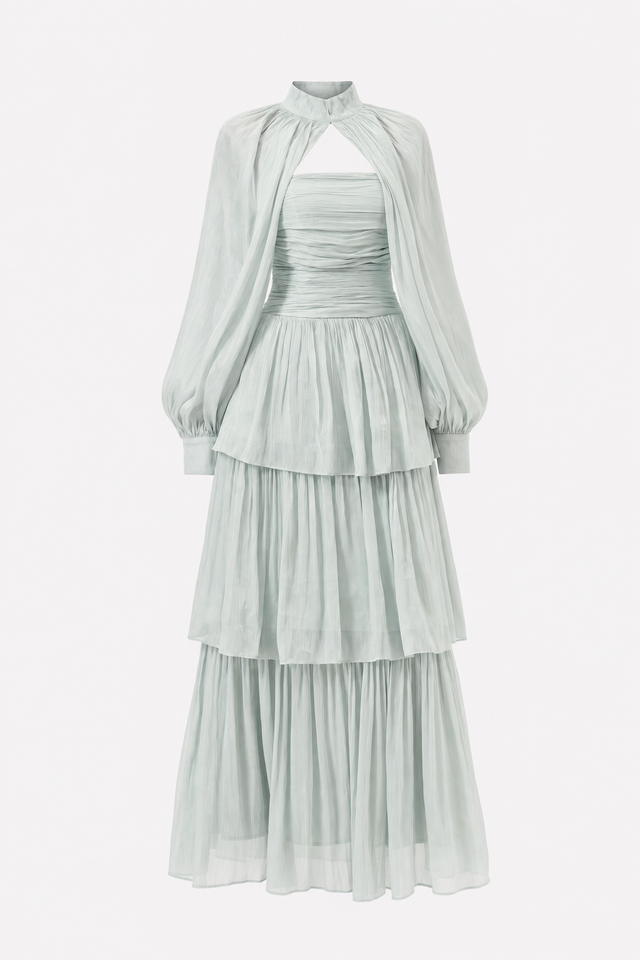 Light Blue Tiered Chiffon Maxi Dress, Detachable Sleeves