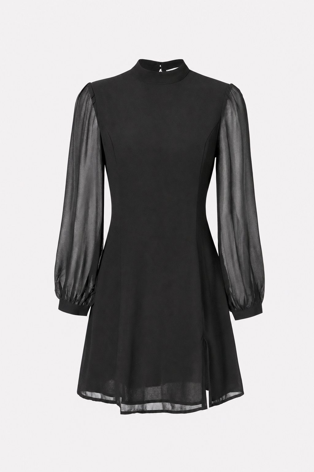 Black sheer slit mini dress with mock neck