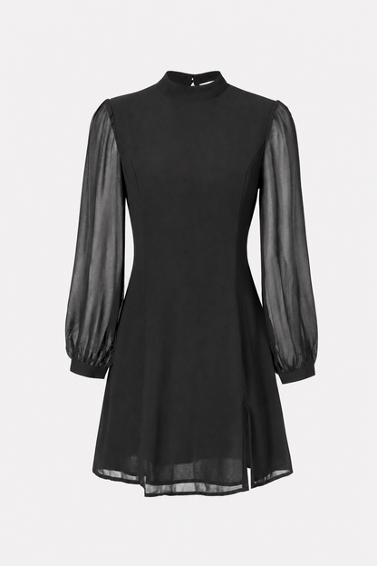 Black sheer slit mini dress with mock neck